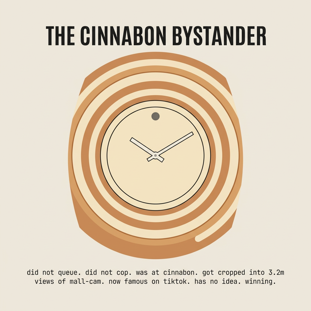 The Cinnabon Bystander — did not queue. did not cop. was at cinnabon. got cropped into 3.2m views of mall-cam. now famous on tiktok. has no idea. winning.