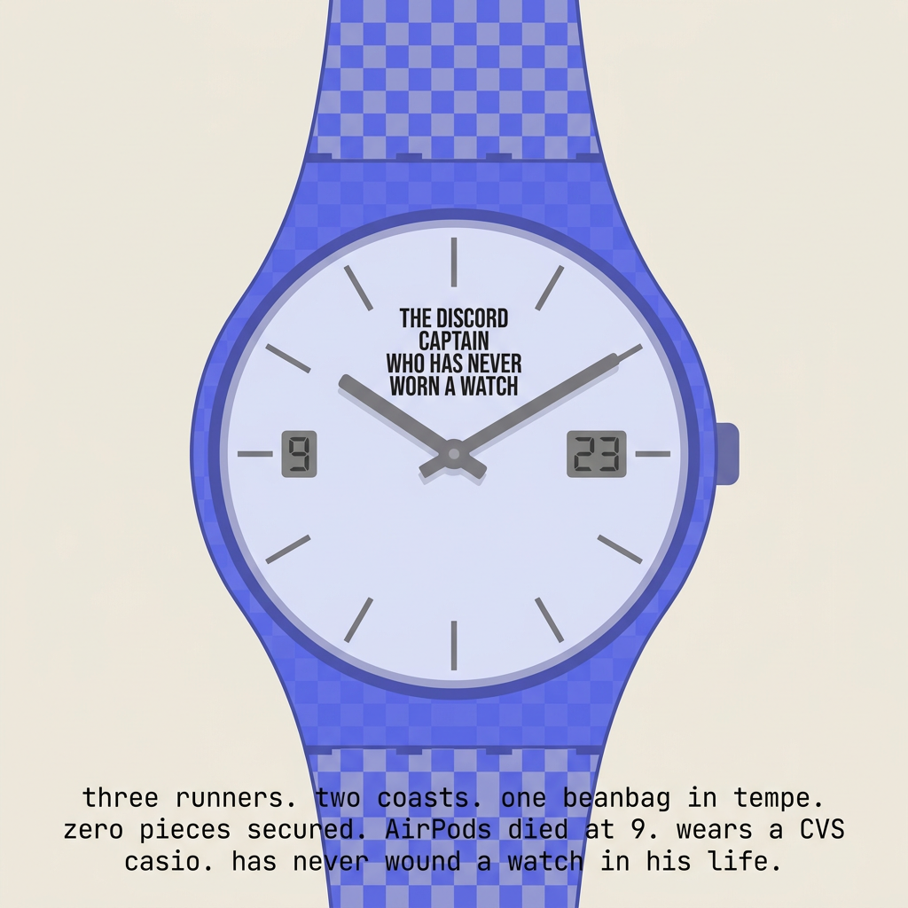 The Discord Captain Who Has Never Worn A Watch — three runners. two coasts. one beanbag in tempe. zero pieces secured. AirPods died at 9. wears a CVS casio. has never wound a watch in his life.