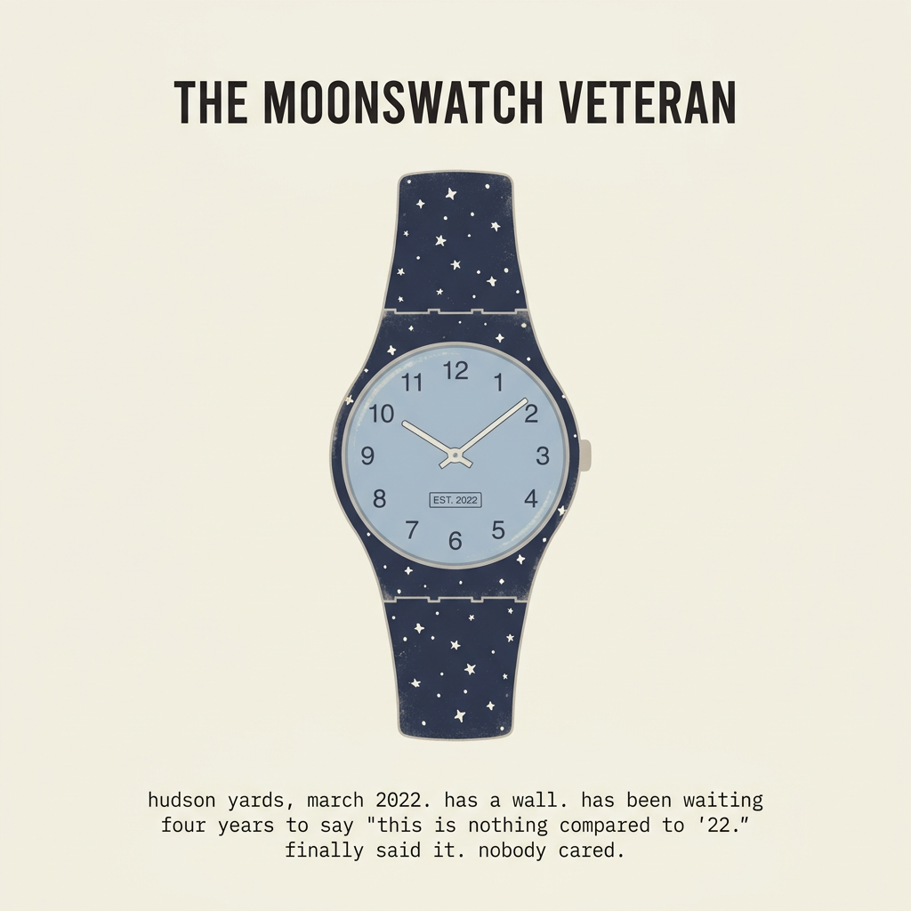 The MoonSwatch Veteran — hudson yards, march 2022. has a wall. has been waiting four years to say "this is nothing compared to '22." finally said it. nobody cared.